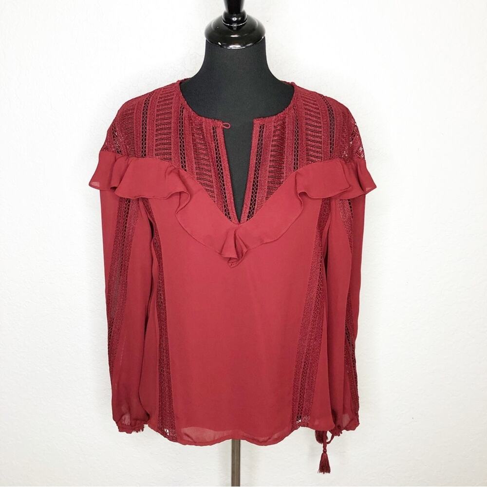 Rebecca Minkoff dark red lace ruffle trim tie sleeve top size Large feminine
